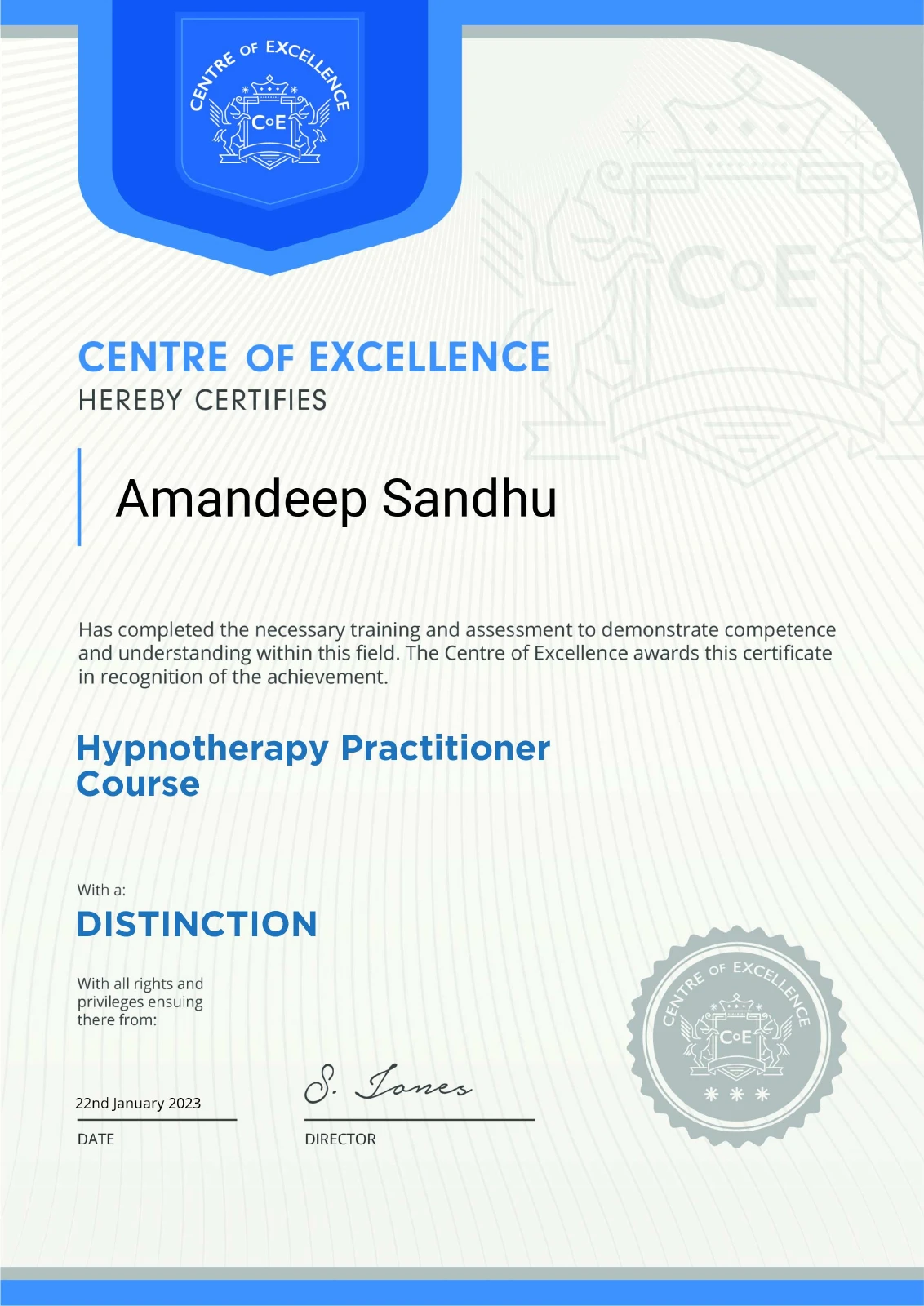 Amandeep Sandhu's Hypnotherapy Practitioner Course certificate — view full PDF